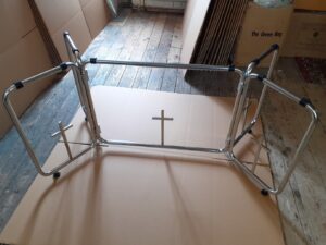 Stainless Steel adjustable Casket Trestles with removable crosses. - Image 1