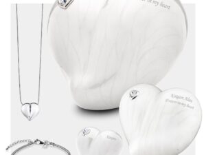 A1003 LoveHeart Standard Adult Urn Pearl White & Pol Silver w/Crystal - Image 1